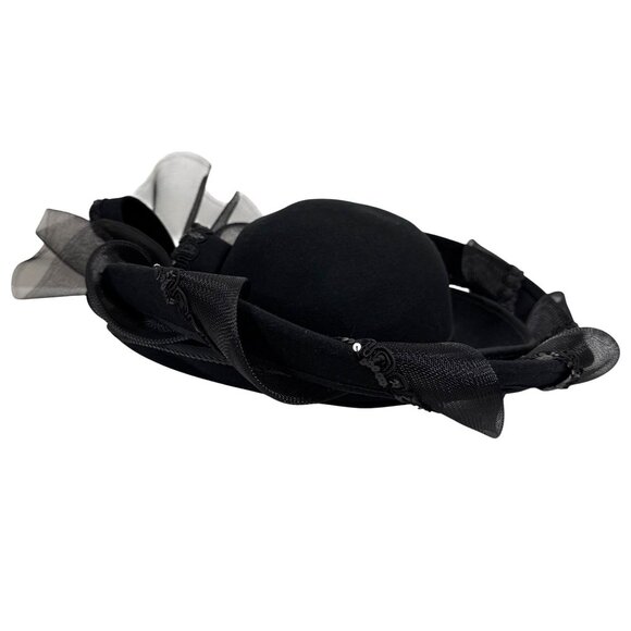 Deborah Black Women’s Vintage Hat With Sheer Bow & Lace Embellishments